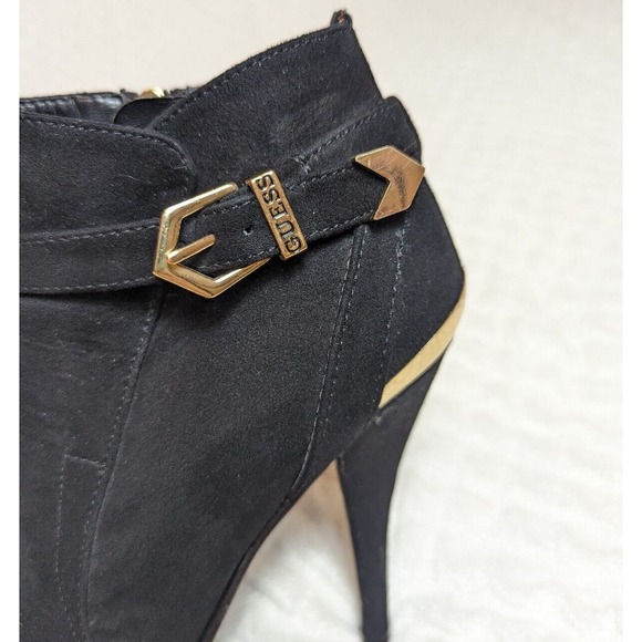 Guess Black Heel Booties Suede Ankle Boots Booties Stiletto Gold Logo Buckle 6.5 - Picture 2 of 9